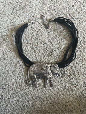 Silver Elephant Pendant Black Multi-Strand Necklace